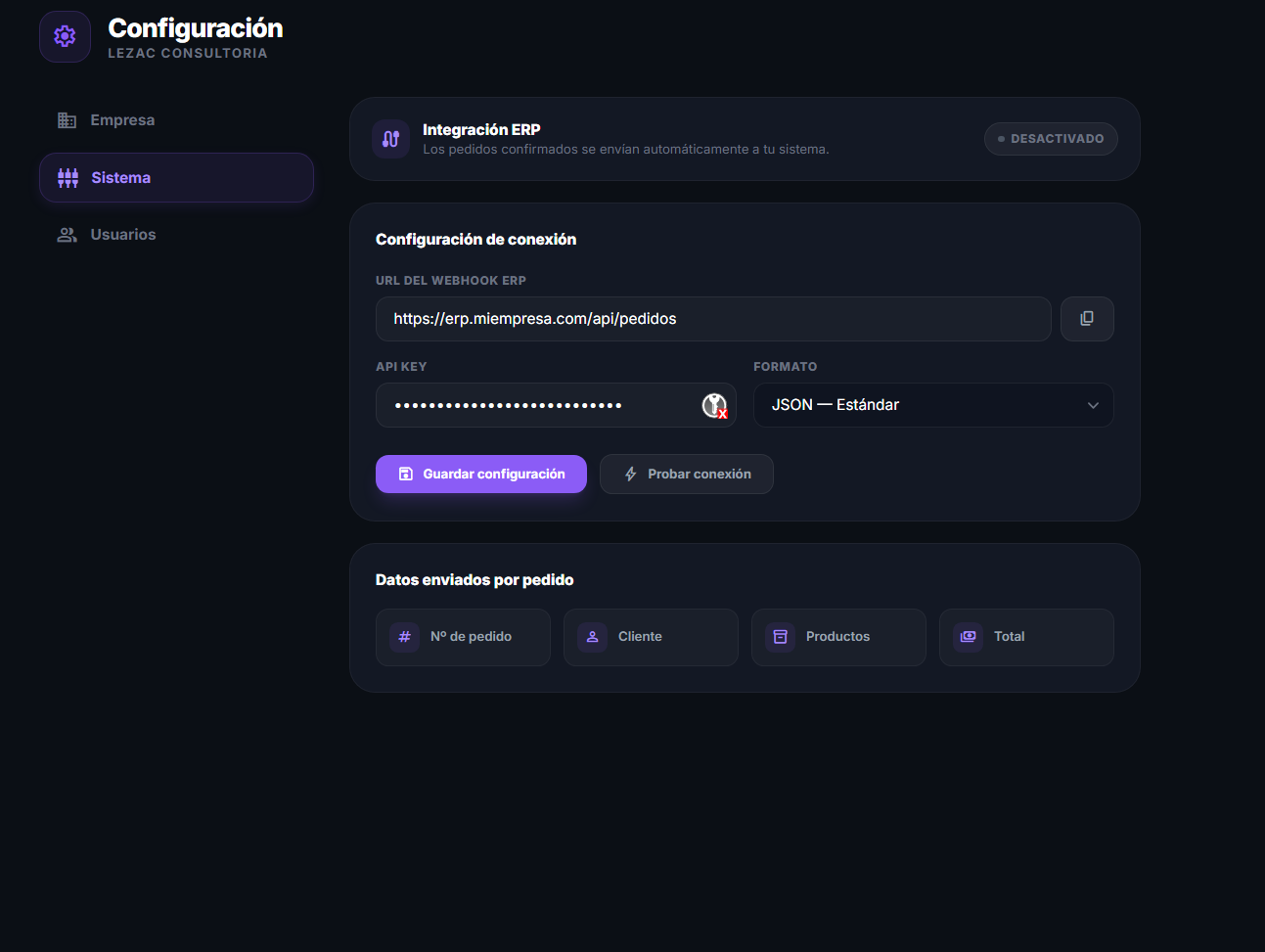 Configuración de integración con tu ERP vía webhook